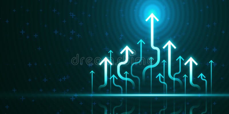 Arrows pointing upwards on a digital neon blue background, representing growth or progress in technology or data network concepts. 3D Rendering. Arrows pointing upwards on a digital neon blue background, representing growth or progress in technology or data network concepts. 3D Rendering