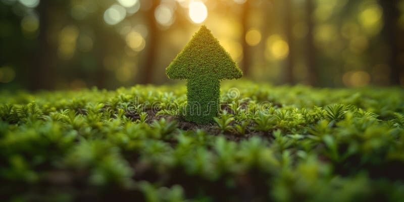 Arrow pointing upwards, eco friendly progress, sustainable development, environmental growth, forest with green lush and grass, reduce carbon emission, generative AI. Arrow pointing upwards, eco friendly progress, sustainable development, environmental growth, forest with green lush and grass, reduce carbon emission, generative AI