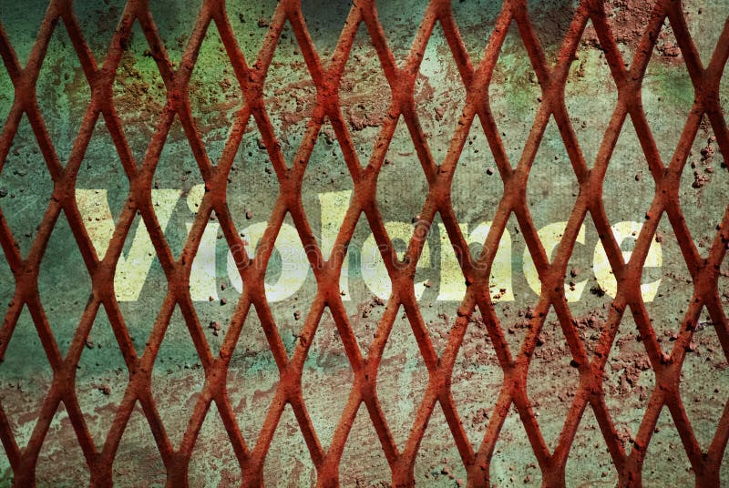 Single word Violence written under rundown rusty fence. Single word Violence written under rundown rusty fence