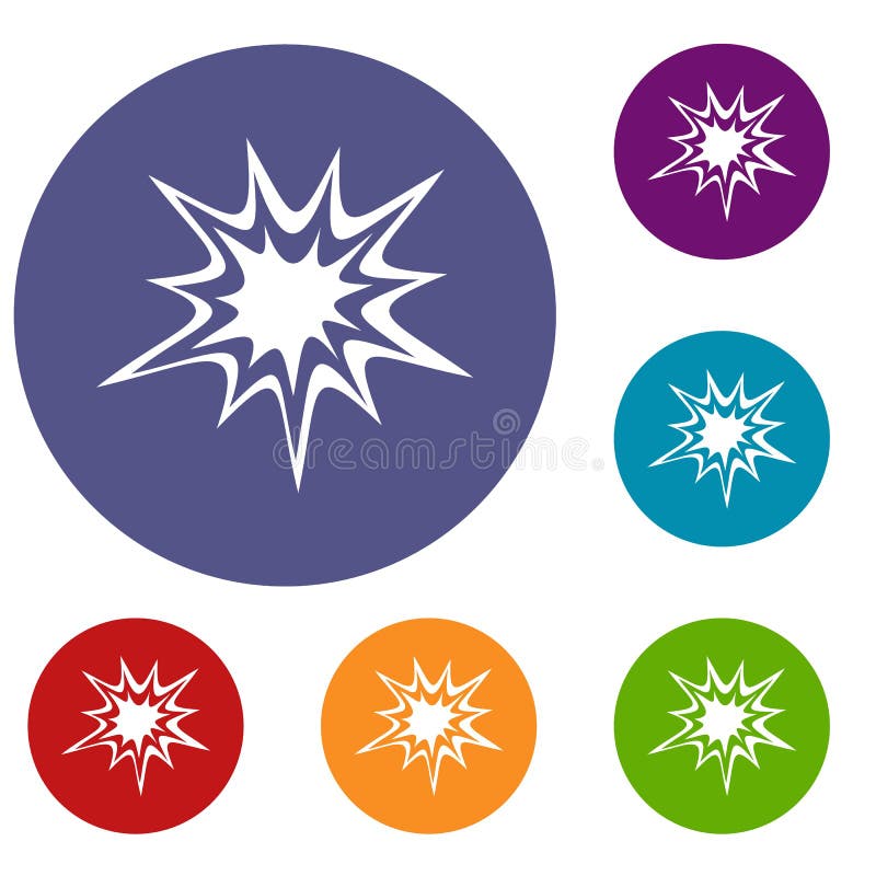 Heavy explosion icons set in flat circle red, blue and green color for web. Heavy explosion icons set in flat circle red, blue and green color for web