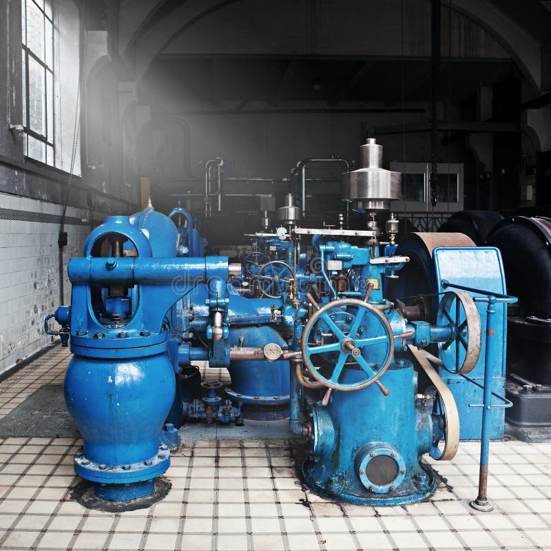Heavy water pumping machinery in vintage industrial water cleaning station. Heavy water pumping machinery in vintage industrial water cleaning station