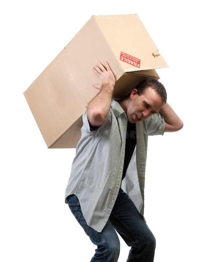 A young man lifting a larg heavy box, isolated against a white background. A young man lifting a larg heavy box, isolated against a white background