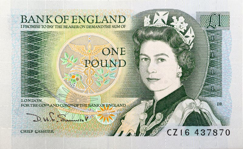 Queen Elizabeth II on a UK retro one pound bank note, old money. Queen Elizabeth II on a UK retro one pound bank note, old money.
