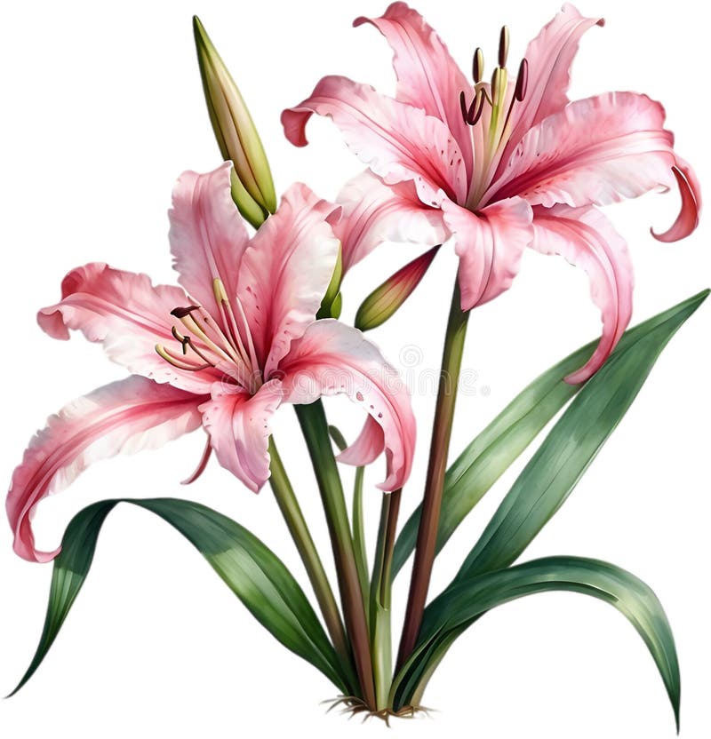 Watercolor painting of Crinum (vlei) lily (Crinum delagoense) flower. Crinum lily flower clipart. AI-Generated. Watercolor painting of Crinum (vlei) lily (Crinum delagoense) flower. Crinum lily flower clipart. AI-Generated.