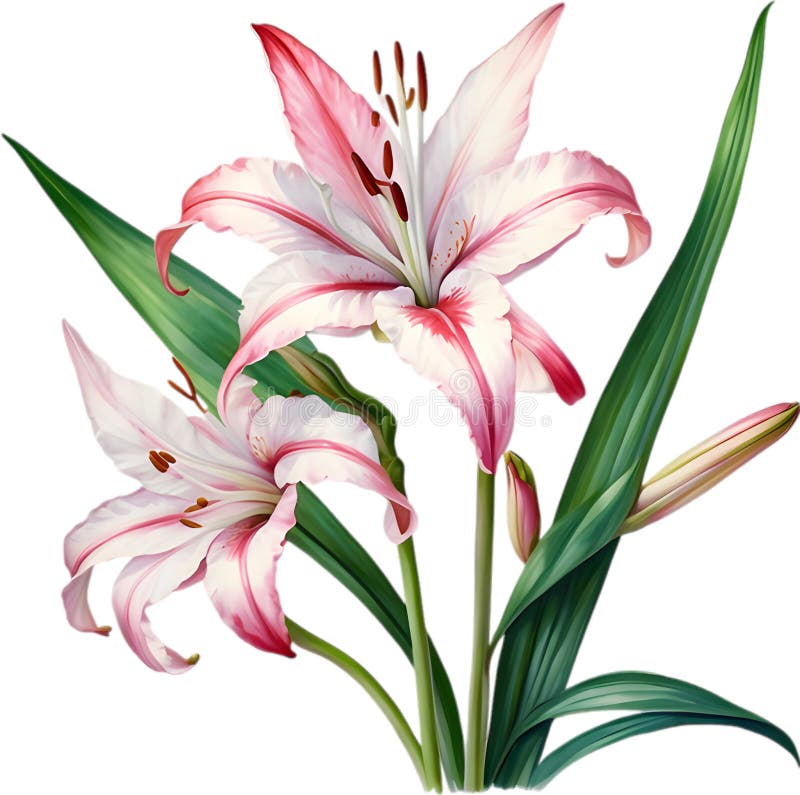 Watercolor painting of Crinum (vlei) lily (Crinum delagoense) flower. Crinum lily flower clipart. AI-Generated. Watercolor painting of Crinum (vlei) lily (Crinum delagoense) flower. Crinum lily flower clipart. AI-Generated.