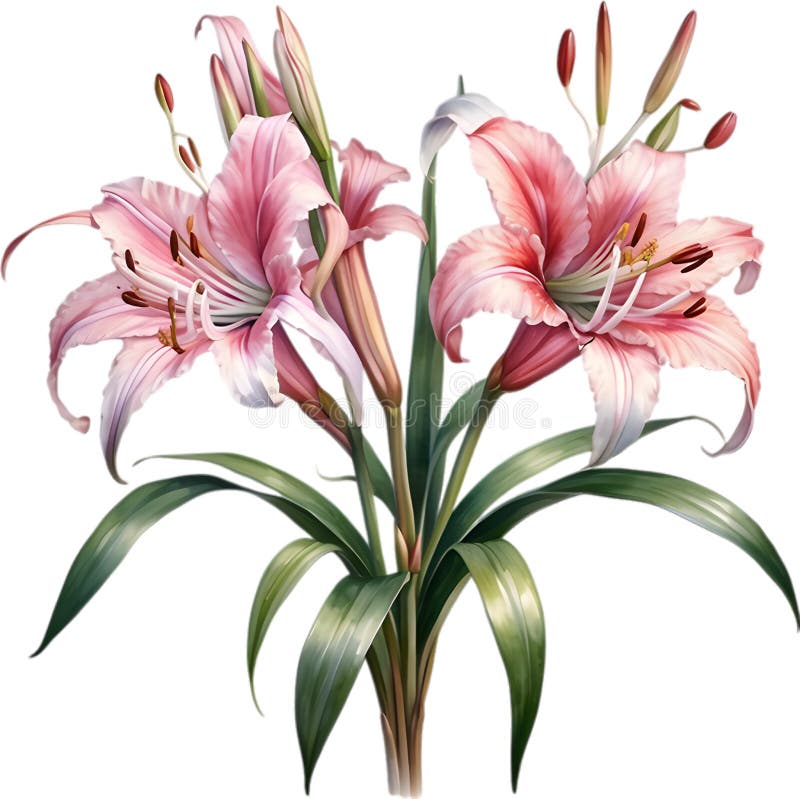 Watercolor painting of Crinum (vlei) lily (Crinum delagoense) flower. Crinum lily flower clipart. AI-Generated. Watercolor painting of Crinum (vlei) lily (Crinum delagoense) flower. Crinum lily flower clipart. AI-Generated.