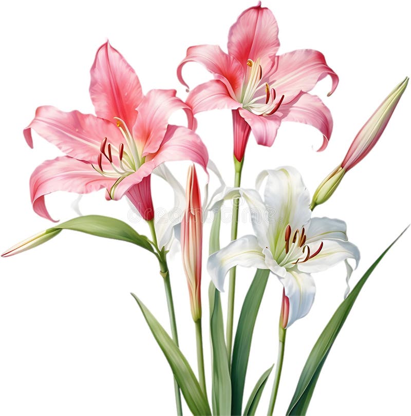 Watercolor painting of Crinum (vlei) lily (Crinum delagoense) flower. Crinum lily flower clipart. AI-Generated. Watercolor painting of Crinum (vlei) lily (Crinum delagoense) flower. Crinum lily flower clipart. AI-Generated.