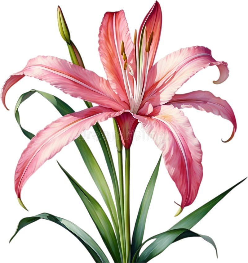 Watercolor painting of Crinum (vlei) lily (Crinum delagoense) flower. Crinum lily flower clipart. AI-Generated. Watercolor painting of Crinum (vlei) lily (Crinum delagoense) flower. Crinum lily flower clipart. AI-Generated.