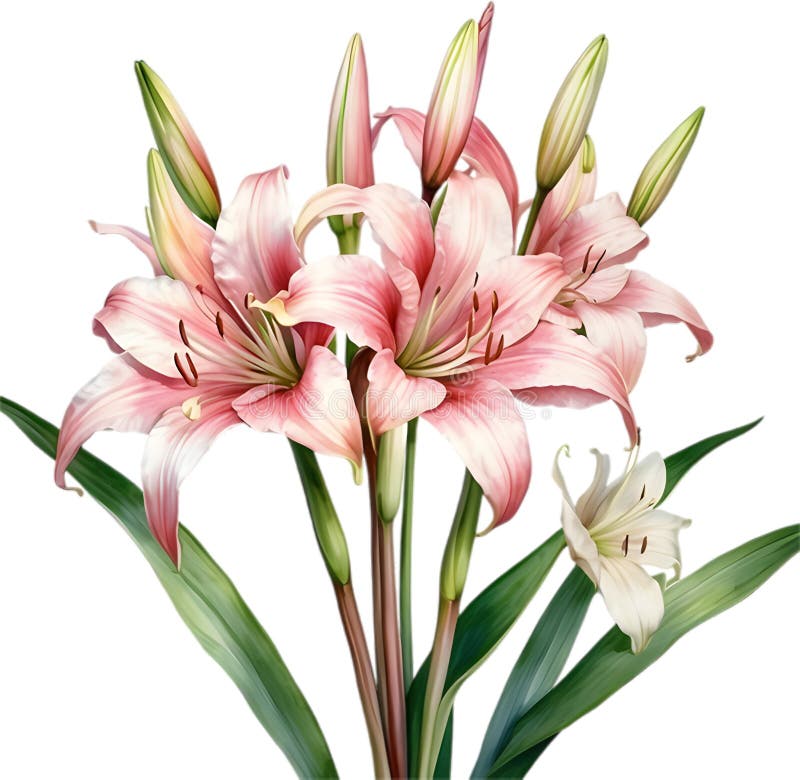 Watercolor painting of Crinum (vlei) lily (Crinum delagoense) flower. Crinum lily flower clipart. AI-Generated. Watercolor painting of Crinum (vlei) lily (Crinum delagoense) flower. Crinum lily flower clipart. AI-Generated.