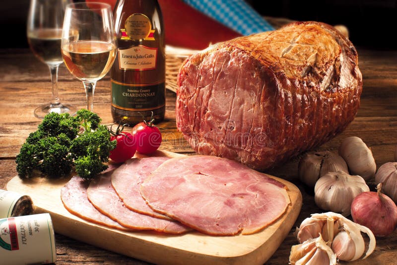 Honey brown glazed ham prepared with organic ingredients and to served with wine. Honey brown glazed ham prepared with organic ingredients and to served with wine