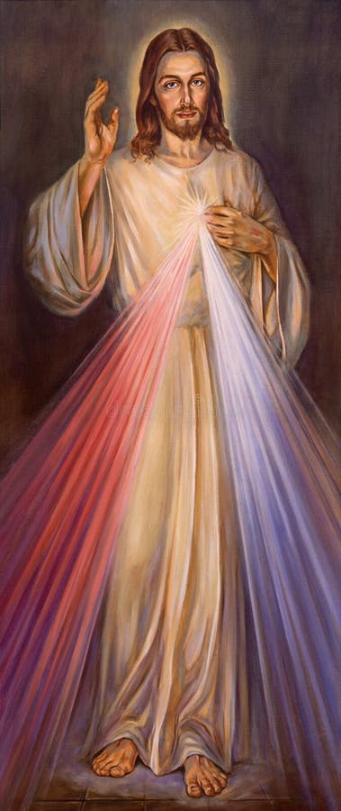 BERLIN, GERMANY, FEBRUARY - 15, 2017: The painting of traditional Divine Mercy of Jesus in St. John the Baptist church by unknown artist of 20. cent. BERLIN, GERMANY, FEBRUARY - 15, 2017: The painting of traditional Divine Mercy of Jesus in St. John the Baptist church by unknown artist of 20. cent.