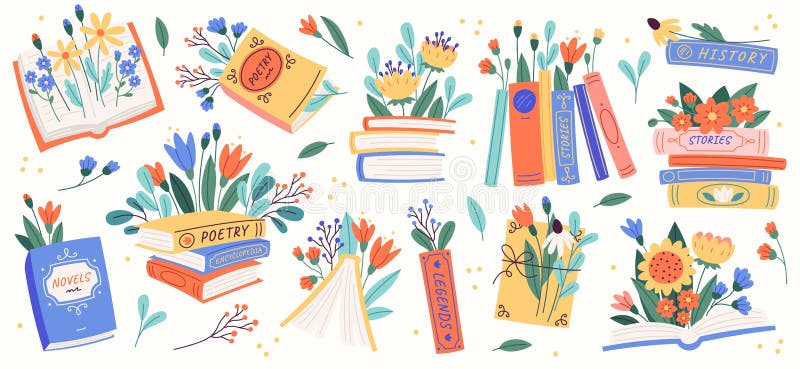 Books with flowers flat icons set. Cartoon floral decorations. Wildflowers decor for literature. Poppy, sunflower, forget-me-not, cornflower bouquet on poetry book. Color isolated illustrations. Books with flowers flat icons set. Cartoon floral decorations. Wildflowers decor for literature. Poppy, sunflower, forget-me-not, cornflower bouquet on poetry book. Color isolated illustrations