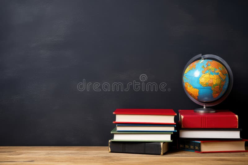 βιβλία στοιβαγμένα πάνω στο τραπέζι και μικρή υδρόγειος γη πάνω του πίσω στο σχολικό σχέδιο. γενική ai απεικόνιση αποθεμάτων