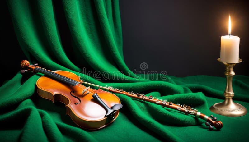 A classical music theme with a violin and flute resting on a lush green velvet backdrop, invoking a sense of Irish traditional music.. AI Generation AI generated. A classical music theme with a violin and flute resting on a lush green velvet backdrop, invoking a sense of Irish traditional music.. AI Generation AI generated