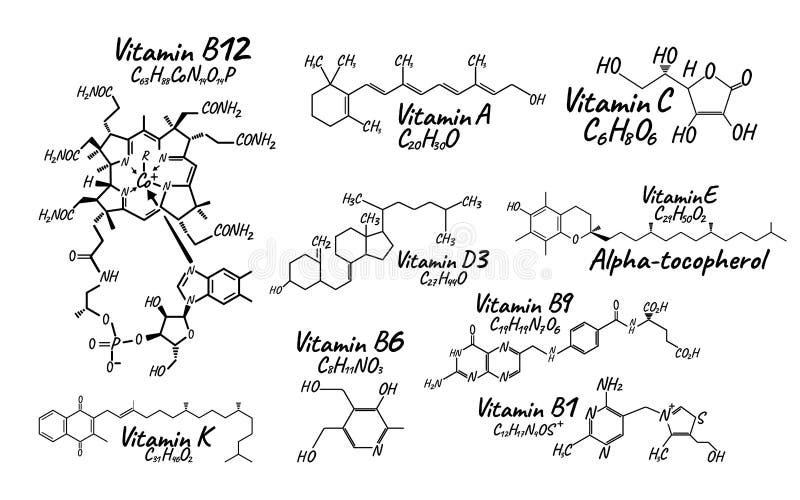 Βιταμίνη σύνθετο B1, B6, B9, B12, Κ, Α, Ε, ετικέτα Γ και εικονίδιο Χημ. απεικόνιση αποθεμάτων