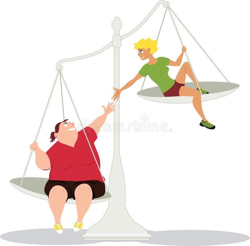 Woman offering a helping hand to her overweight friend, sitting on a balances as a metaphor for losing weight together, EPS 8 vector illustration. Woman offering a helping hand to her overweight friend, sitting on a balances as a metaphor for losing weight together, EPS 8 vector illustration