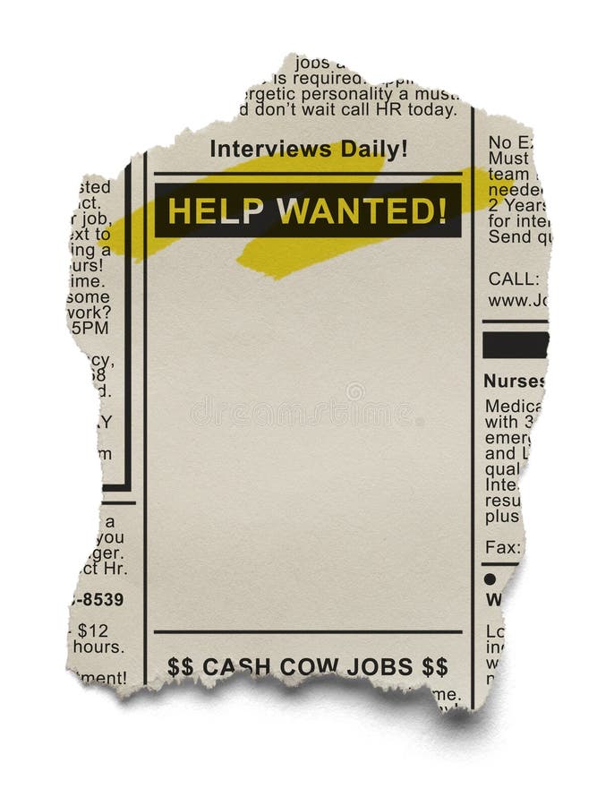 Want Ads for Job Search on Torn News Paper Isolated on White Background. Want Ads for Job Search on Torn News Paper Isolated on White Background.