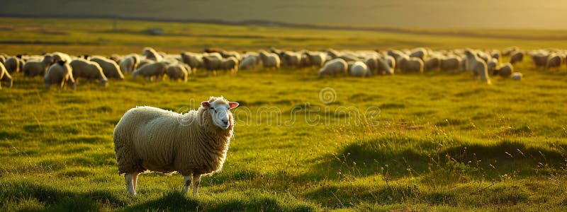 Sheep graze on a farm meadow. Selective focus. Nature. AI generated. Sheep graze on a farm meadow. Selective focus. Nature. AI generated