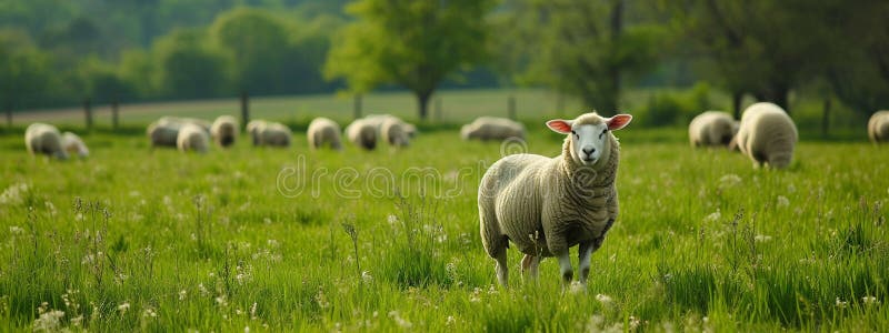 Sheep graze on a farm meadow. Selective focus. Nature. AI generated. Sheep graze on a farm meadow. Selective focus. Nature. AI generated