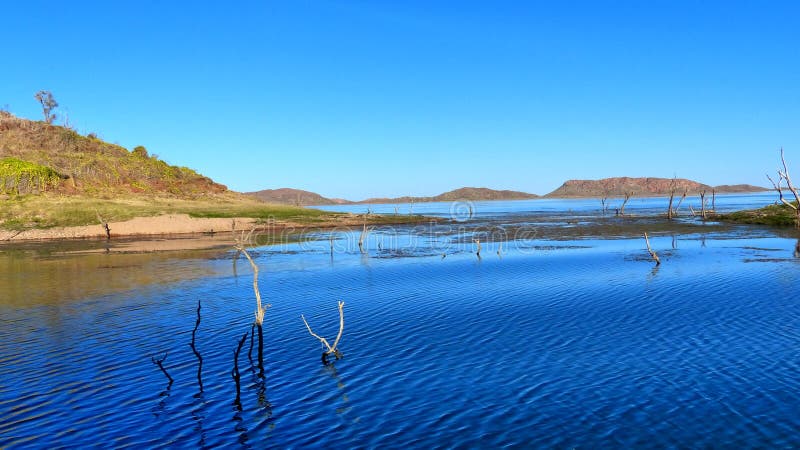 Lake Argyle Western Australia is the second largest man made lake in Australia. The Ord River was dammed in 1963, the lake formed by the Ord River Scheme is 980 square kilometers. Tree sculptures stand silhouetted against the blue sky and the peaceful still waters in this scene. Lake Argyle Western Australia is the second largest man made lake in Australia. The Ord River was dammed in 1963, the lake formed by the Ord River Scheme is 980 square kilometers. Tree sculptures stand silhouetted against the blue sky and the peaceful still waters in this scene.