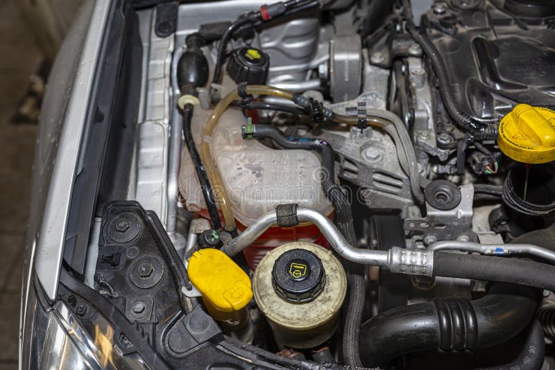 Bonn, Germany 3 March 2020. Engine compartment for Renault Laguna 3 Grandtour passenger car in station wagon body. Diesel engine with 150 horsepower, engine capacity 2.0 l. Visible engine components, fluids and electrical cables. Bonn, Germany 3 March 2020. Engine compartment for Renault Laguna 3 Grandtour passenger car in station wagon body. Diesel engine with 150 horsepower, engine capacity 2.0 l. Visible engine components, fluids and electrical cables.