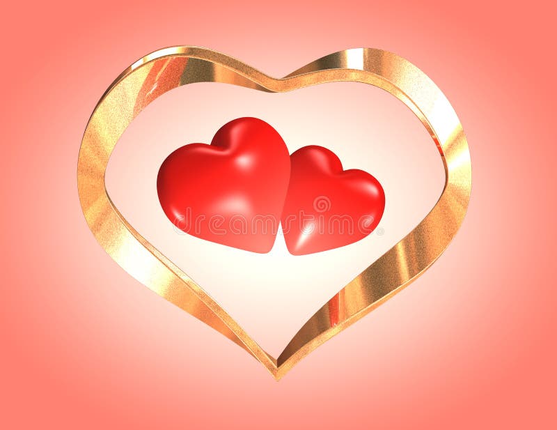 Wedding hearts. Hearts for enamored. Two red hearts in a gold framework. It is possible to use for registration of wedding video or invitations or to the Valentine's day. Wedding hearts. Hearts for enamored. Two red hearts in a gold framework. It is possible to use for registration of wedding video or invitations or to the Valentine's day.