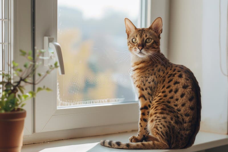 γάτα ocicat χαλαρώνει από το παράθυρο του ήλιου σε άνετο περιβάλλον ai διανυσματική απεικόνιση