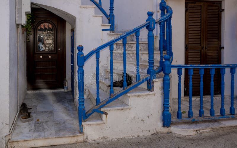 2 cats laying down on stairs with blue railing in front of a traditional Greek house in Skala Eressos on the island of Lesvos. 2 cats laying down on stairs with blue railing in front of a traditional Greek house in Skala Eressos on the island of Lesvos