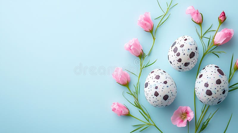 γένεση πασχαλιάτικα αυγά με ροζ eustoma άνθη μπλε φόντο διαστημικό σχέδιο top view επιχείρηση. απεικόνιση αποθεμάτων