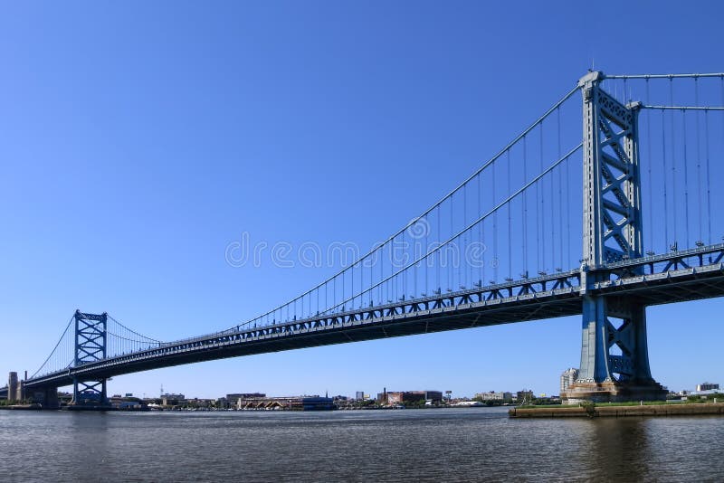 Benjamin Franklin Bridge suspension structure spanning across the Delaware River between Philadelphia and New Jersey. Benjamin Franklin Bridge suspension structure spanning across the Delaware River between Philadelphia and New Jersey