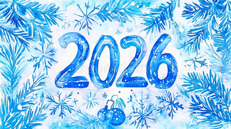 Γαλάζια χειμωνιάτικη χώρα των θαυμάτων 2026 υποκαταστήματα πεύκου χιονιού σε διακοσμητικά διακοσμητικά σχέδια με υδατογραφία για τ στοκ φωτογραφία