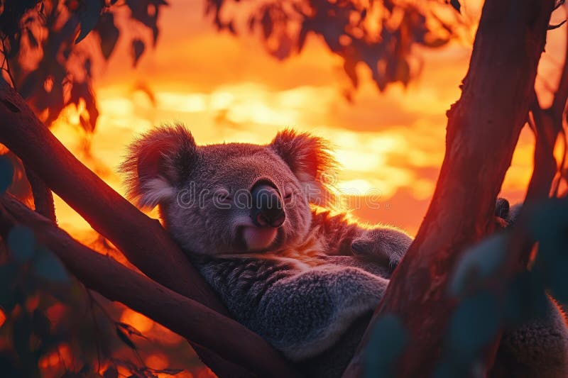 Γαλάζιο koala αναπαύεται σε κλαδί δέντρου ενάντια σε ζωντανό ηλιοβασίλεμα σε αχνή δασική εγκατάσταση με ζεστό λαμπερό ουρανό διανυσματική απεικόνιση