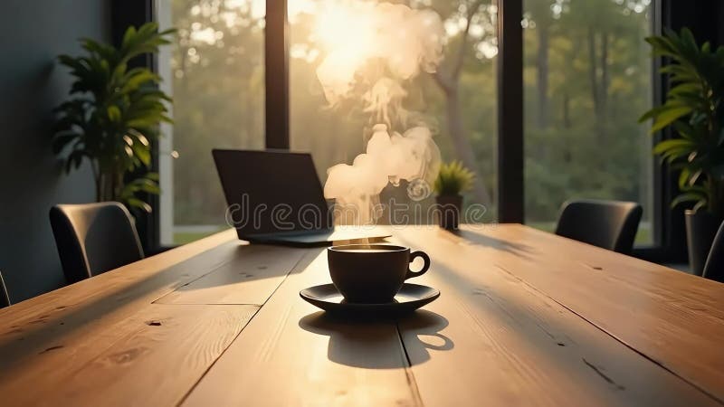 Γαληνικός Ηλιόλουστος Χώρος Εργασίας Περιμένει Γαλήνια Πρωινά Εργοστάσια Φορητών Υπολογιστών Καφές Ξύλινο Τραπέζι διανυσματική απεικόνιση