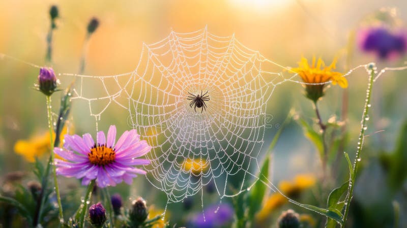 Γαρίδες στο Spiderweb ανάμεσα στα πολύχρωμα αγριολούλουδα την αυγή διανυσματική απεικόνιση