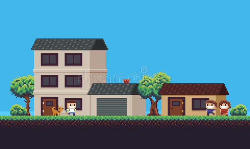 Pixel art neighborhood with houses, garage, couple, guy with a dog, trees, bushes and grass, game background. Pixel art neighborhood with houses, garage, couple, guy with a dog, trees, bushes and grass, game background