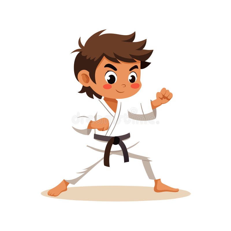 Γελοιογράφος στο Karate Gi Εξάσκηση Πολεμική Τέχνη Μαύρη ζώνη. Μια γελοιογραφία ενός αγοριού που φοράει καράτε σε στάση πολεμικών τεχνών.