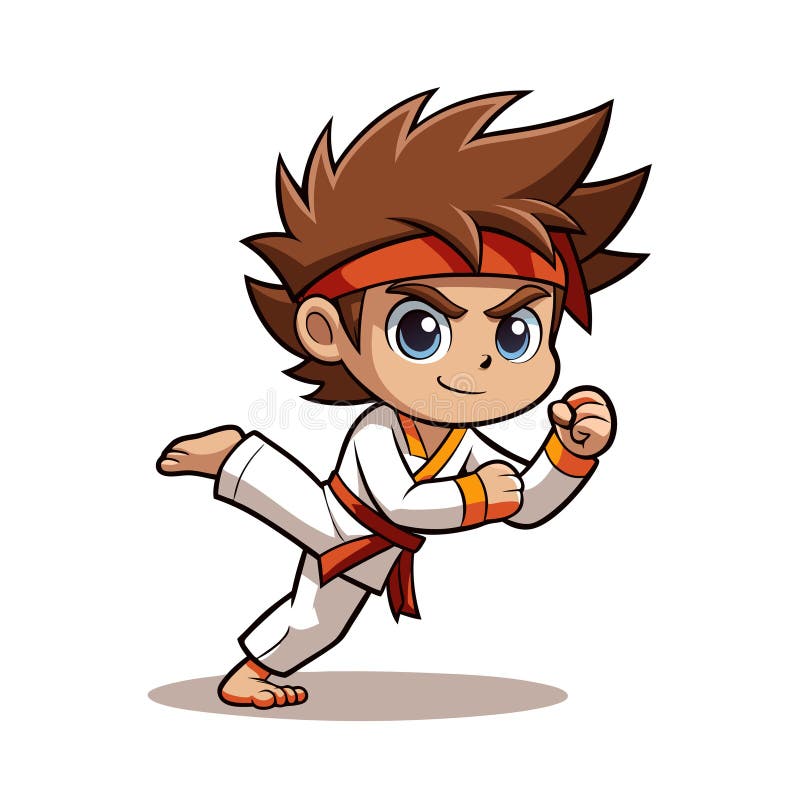 Γελοιογραφία Karate Kid Κλωτσάει Φοιτητή Πολεμικών Τεχνών με Στολή και Κόκκινη Ζώνη διανυσματική απεικόνιση