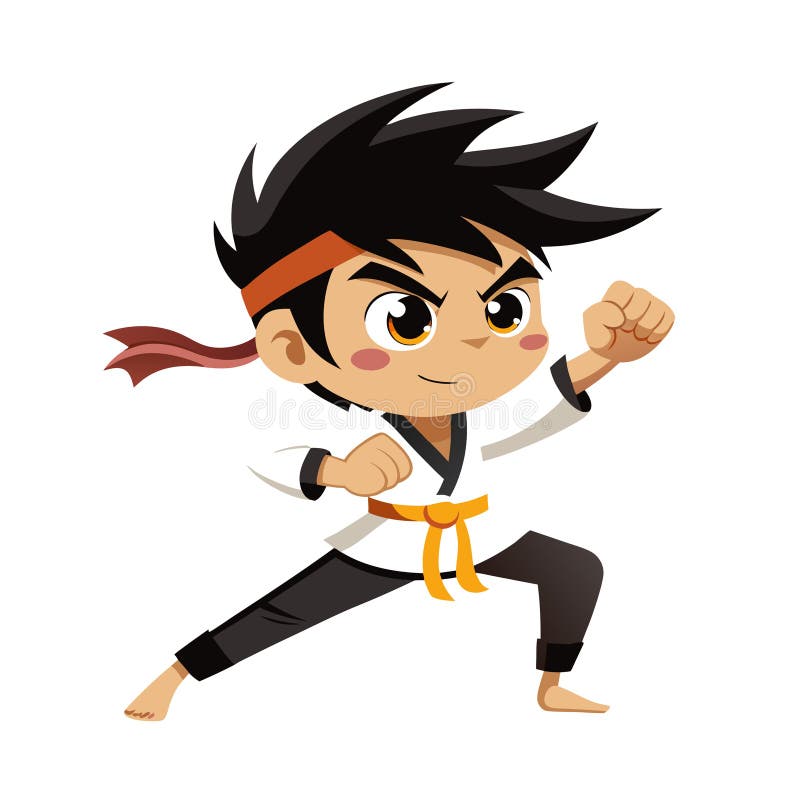 Γελοιογραφία Karate Κιντ σε μάχες ποζάρουν πολεμικές τέχνες Εκπαίδευση υγιών τρόπων ζωής διανυσματική απεικόνιση