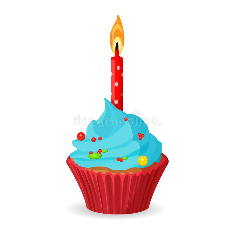 Γενέθλια cupcake με ένα καίγοντας κερί, μπλε κρέμα με την καραμέλα απεικόνιση αποθεμάτων