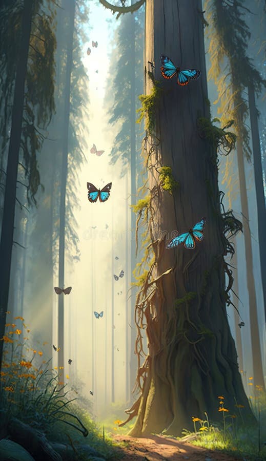 γενική ai. φανταστικός κόσμος. μαγεμένο δάσος με μαγικά φώτα όμορφες πεταλούδες