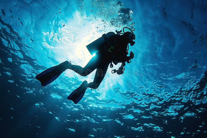 Generative ai on theme of a scuba diver goes on underwater adventure among the deep scary blue sea. Generative ai on theme of a scuba diver goes on underwater adventure among the deep scary blue sea