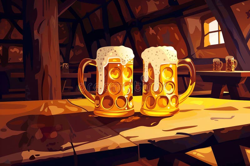 Generative ai on theme of a foamy German beer in large glass mug for celebration holiday Oktoberfest. Generative ai on theme of a foamy German beer in large glass mug for celebration holiday Oktoberfest
