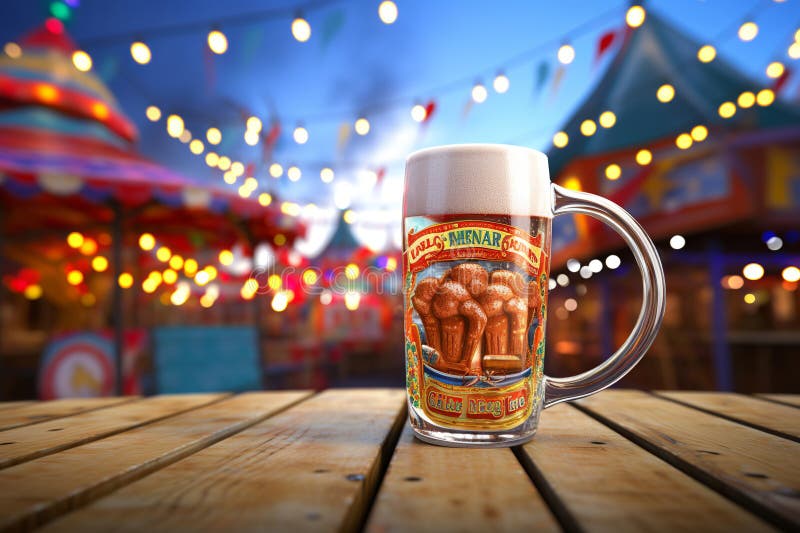 Generative ai on theme of a foamy German beer in large glass mug for celebration holiday Oktoberfest. Generative ai on theme of a foamy German beer in large glass mug for celebration holiday Oktoberfest