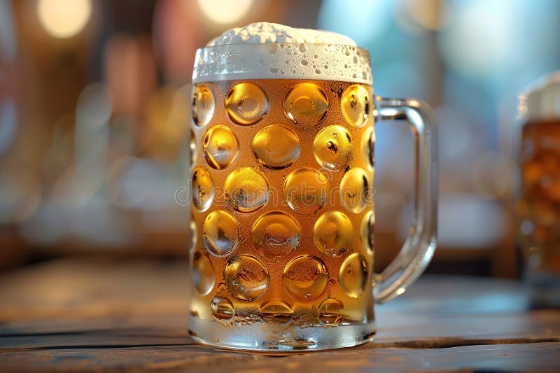 Generative ai on theme of a foamy German beer in large glass mug for celebration holiday Oktoberfest. Generative ai on theme of a foamy German beer in large glass mug for celebration holiday Oktoberfest