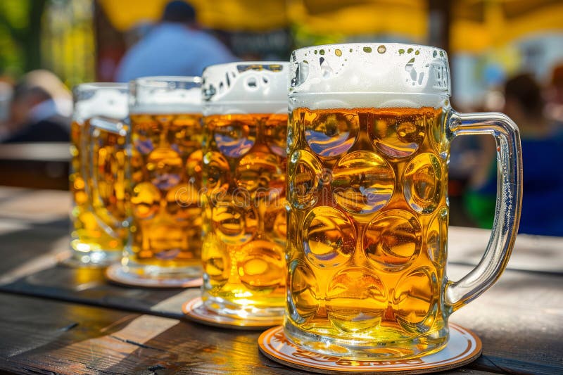 Generative ai on theme of a foamy German beer in large glass mug for celebration holiday Oktoberfest. Generative ai on theme of a foamy German beer in large glass mug for celebration holiday Oktoberfest