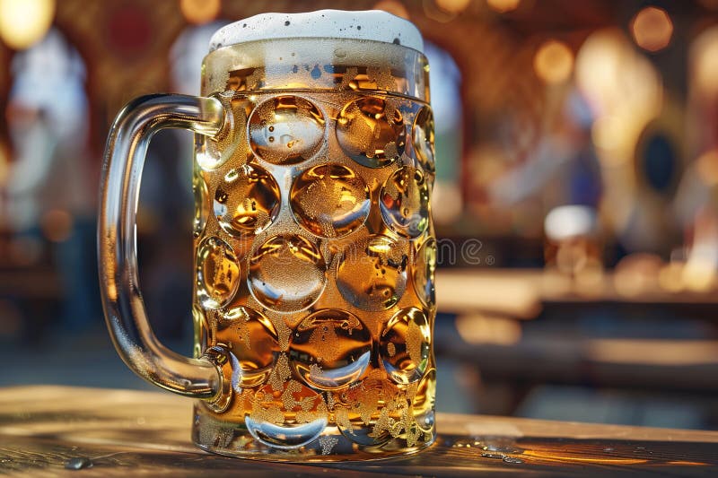 Generative ai on theme of a foamy German beer in large glass mug for celebration holiday Oktoberfest. Generative ai on theme of a foamy German beer in large glass mug for celebration holiday Oktoberfest