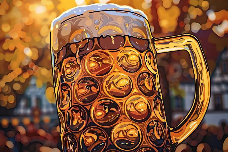 Generative ai on theme of a foamy German beer in large glass mug for celebration holiday Oktoberfest. Generative ai on theme of a foamy German beer in large glass mug for celebration holiday Oktoberfest