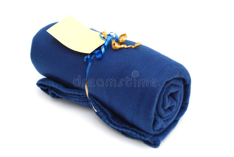 A blue blanket roll in winter time. A blue blanket roll in winter time