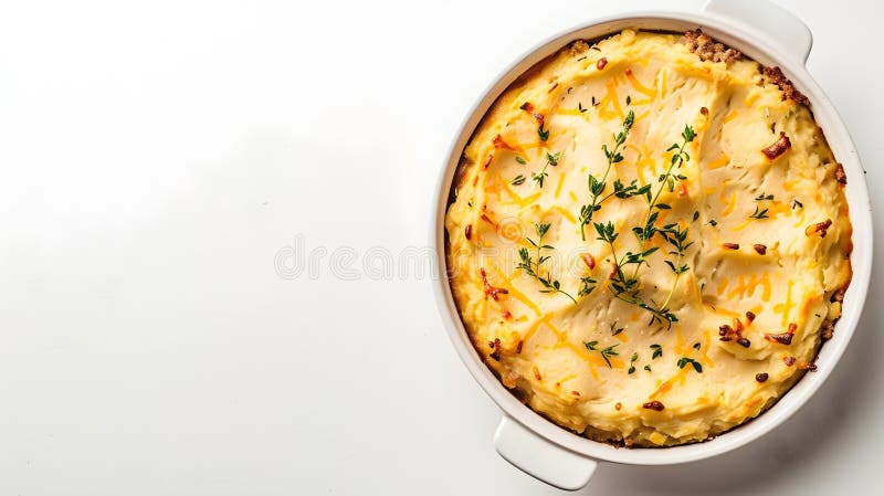 Generative AI : British dish Shepherds pie with ground meat mashed potato and cheddar cheese crust White background Top view Copy space business concept. Generative AI : British dish Shepherds pie with ground meat mashed potato and cheddar cheese crust White background Top view Copy space business concept.