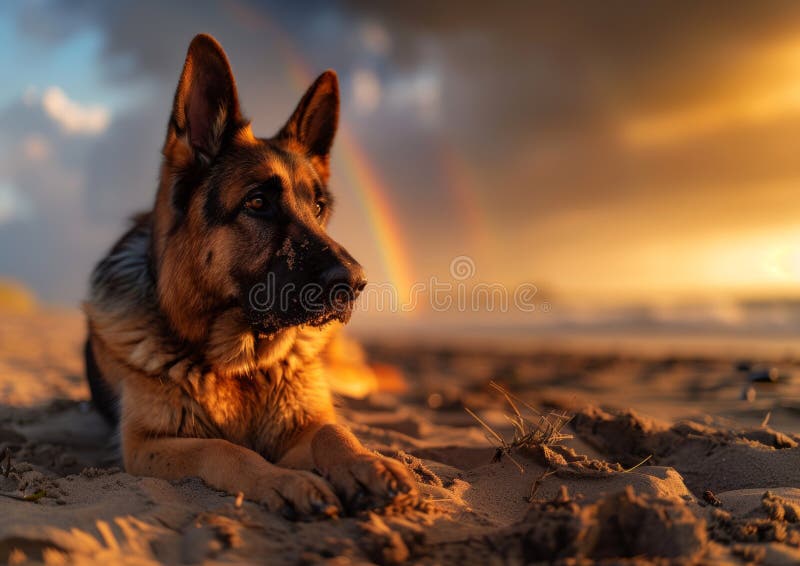 An AI generated illustration of German shepherd dog relaxing on the sandy beach against a sunny backdrop. An AI generated illustration of German shepherd dog relaxing on the sandy beach against a sunny backdrop